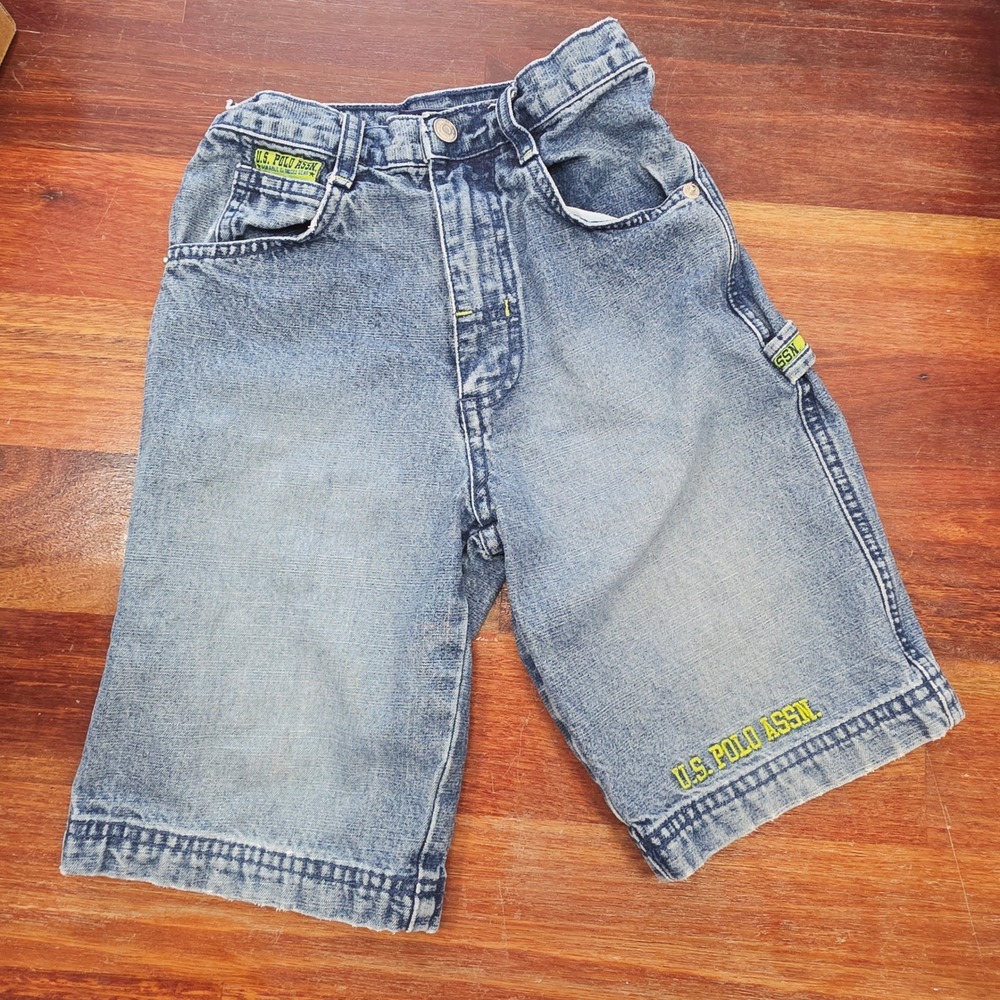 Y2K US Polo Assn Boys Denim Carpenter Shorts Acid Wash Lime Green Thread Size 6‎